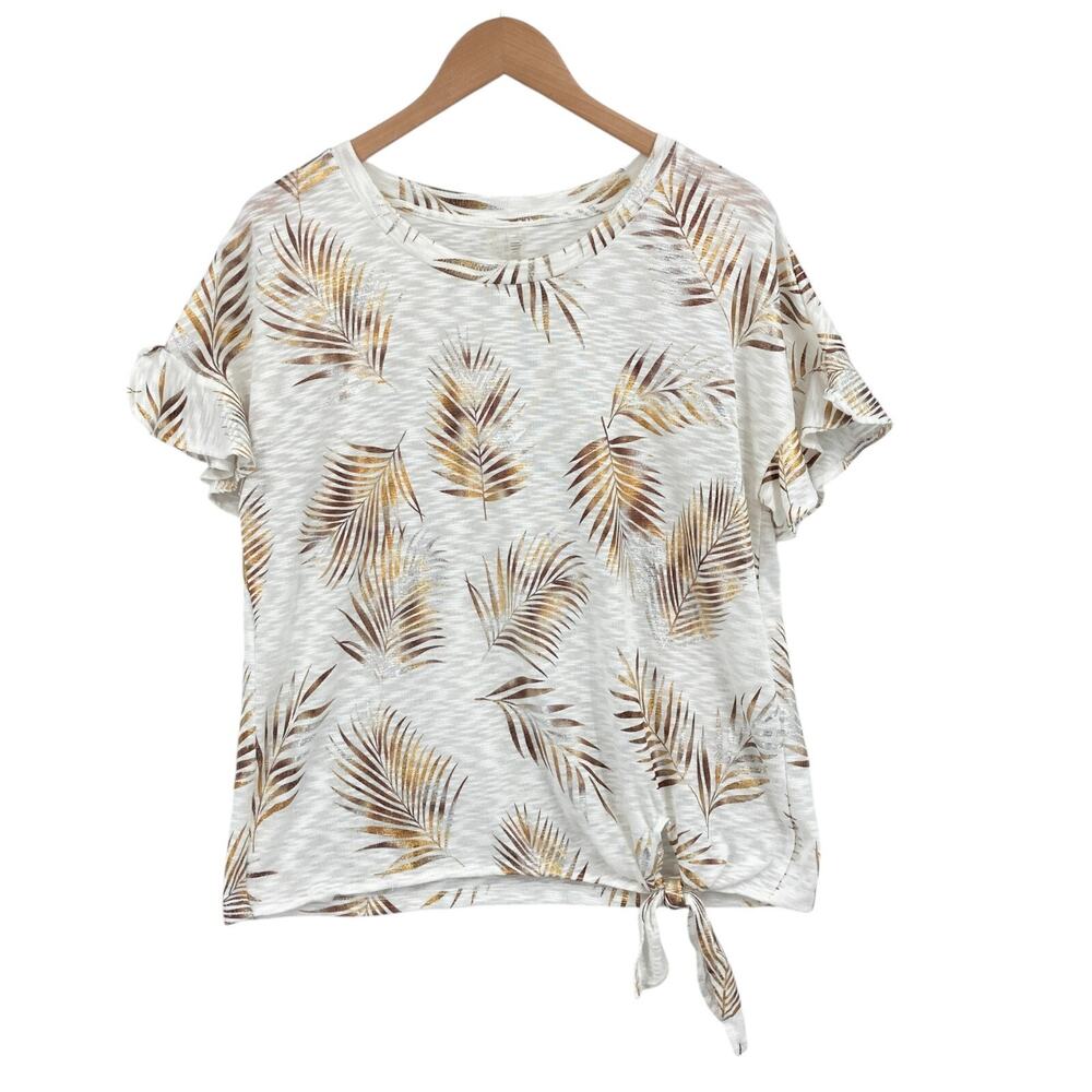 Silver Wear Tee Shirt Top Womens L White Metallic Palm Leaf Knot Hem Lightweight